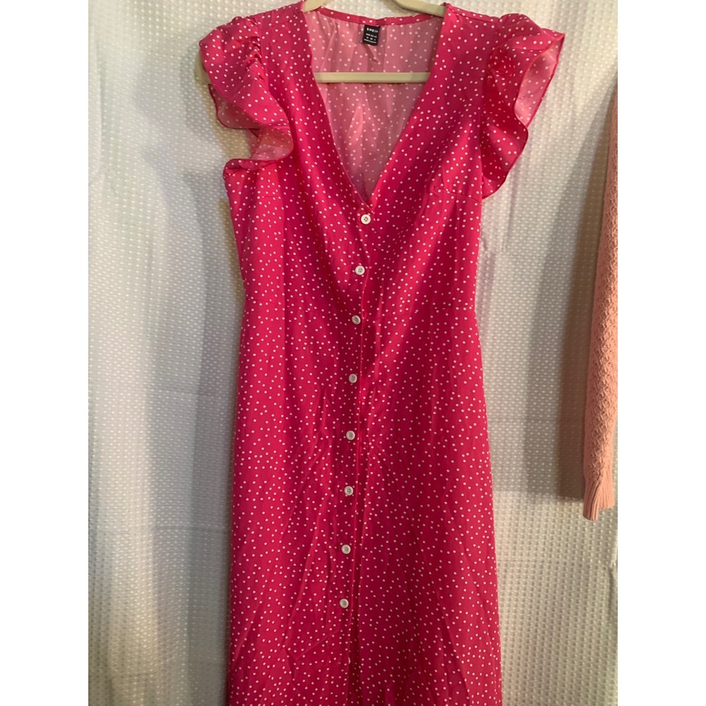 SHEIN Hot Pink Polka Dot Ruffle Sleeve Button Front Midi Dress Womens Size 6 M